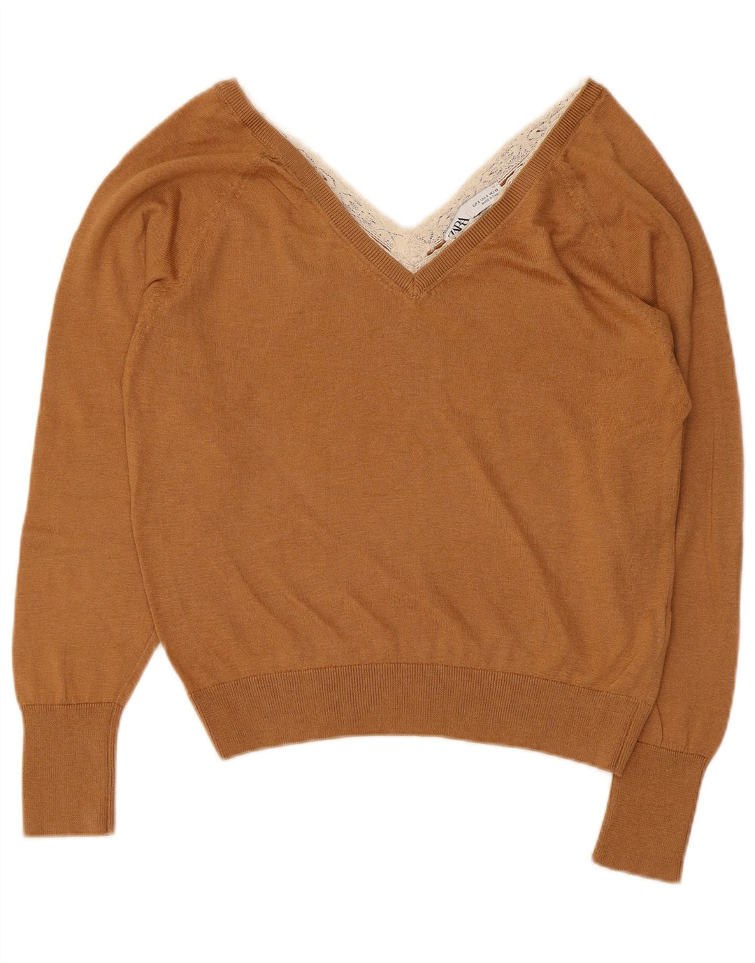 Suéter feminino Zara com decote em V Reino Unido 10 pequeno marrom Lyocell