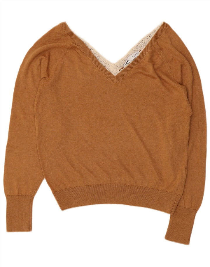 Suéter feminino Zara com decote em V Reino Unido 10 pequeno marrom Lyocell