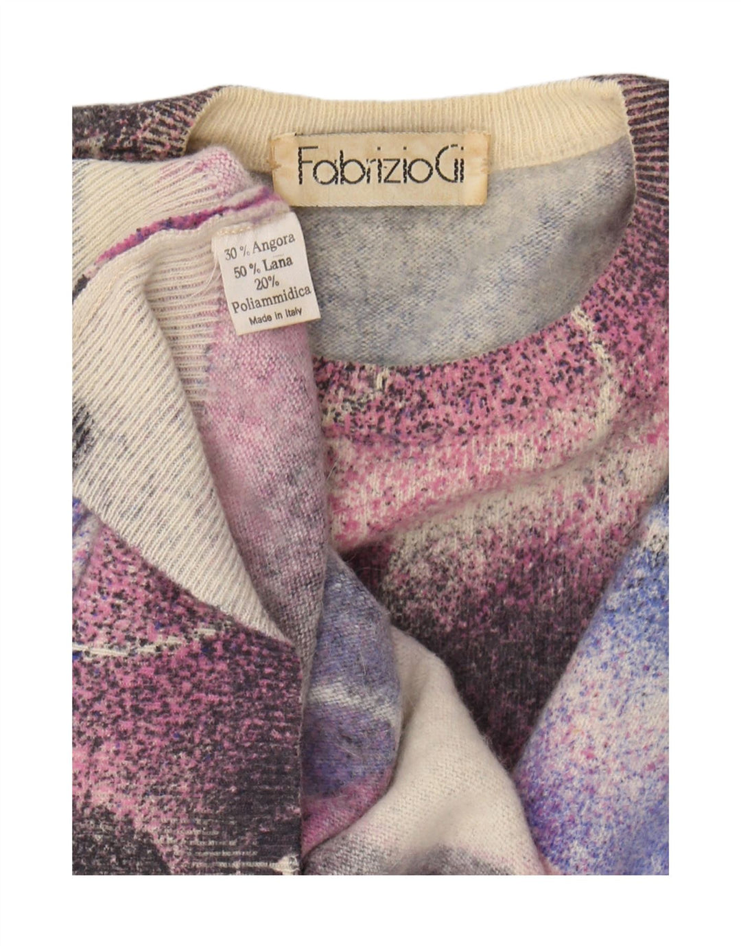 Suéter feminino vintage com gola redonda Reino Unido 16 grande angorá multicolorido