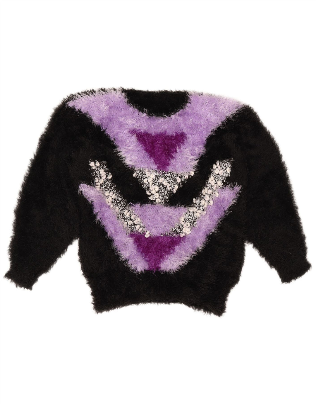 Suéter feminino VINTAGE com gola redonda UK 14 bloco colorido preto médio