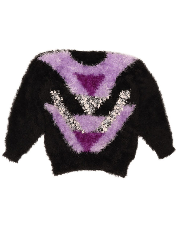 Suéter feminino VINTAGE com gola redonda UK 14 bloco colorido preto médio