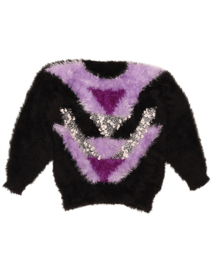 Suéter feminino VINTAGE com gola redonda UK 14 bloco colorido preto médio