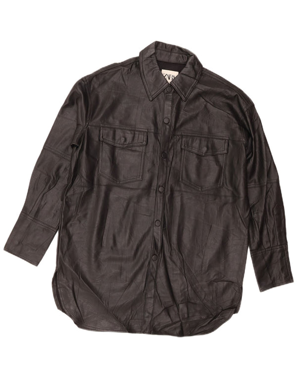 Zara Camisa feminina grande de couro sintético UK 6 XS Poliéster preto