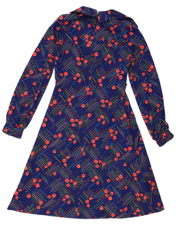 Vestido vintage feminino manga comprida linha A UK 14 azul médio floral