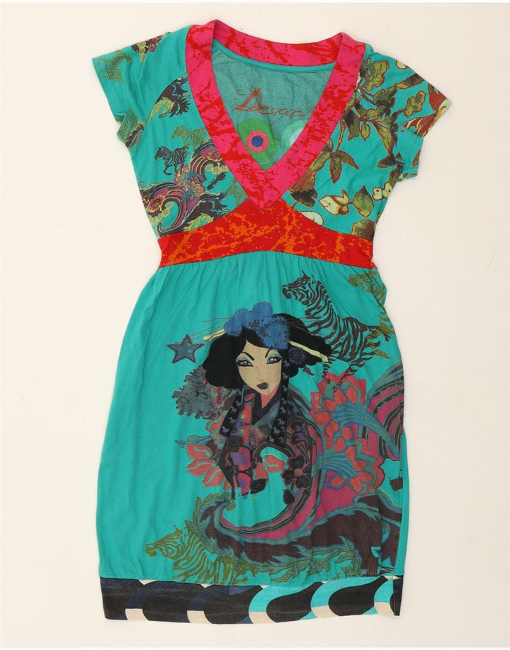 Vestido feminino Desigual com bainha com padrão abstrato Reino Unido 14 algodão verde grande