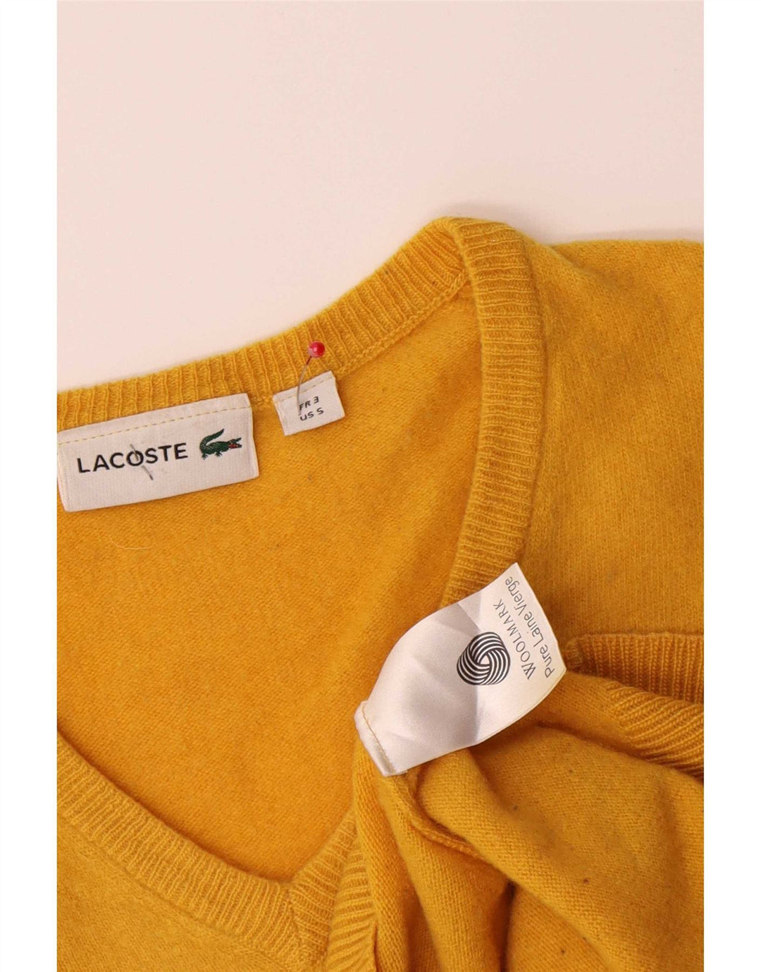 Suéter masculino Lacoste com decote em V tamanho 3 pequeno lã virgem amarela