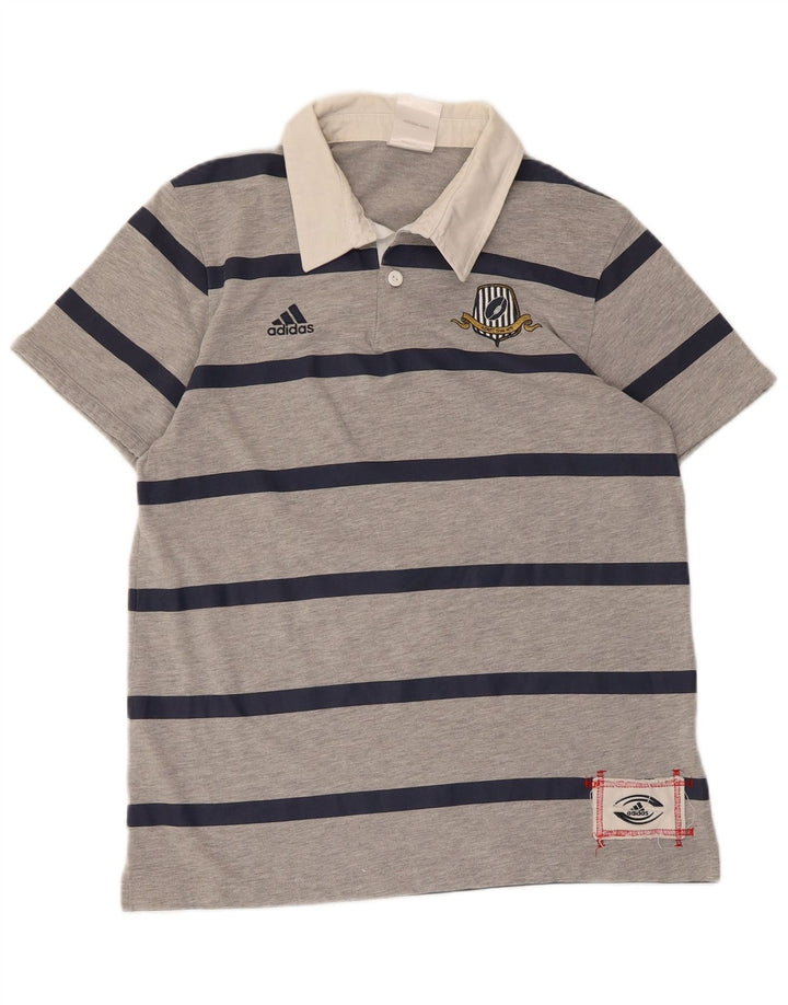 Camisa polo masculina Adidas Graphic Rugby poliéster listrado cinza médio