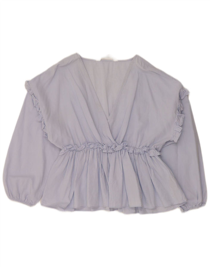 Blusa feminina de manga comprida Zara Top UK 10 algodão azul pequeno