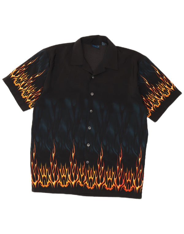 Vintage masculino abstrato Padrão camisa de manga curta poliéster preto médio