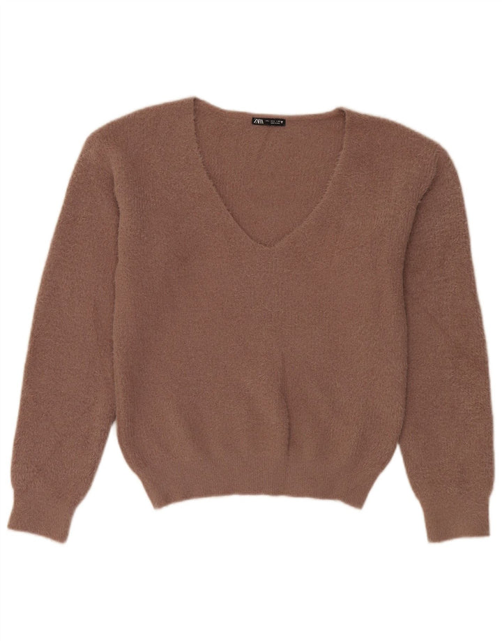 Suéter feminino Zara com decote em V grande, Reino Unido 10, pequeno, marrom, poliéster