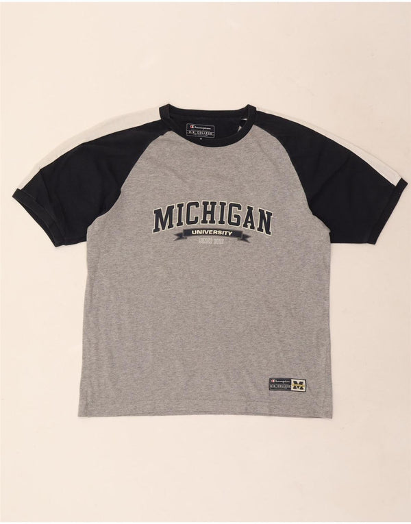 Camiseta masculina Champion Michigan com estampa gráfica cinza médio algodão colorblock