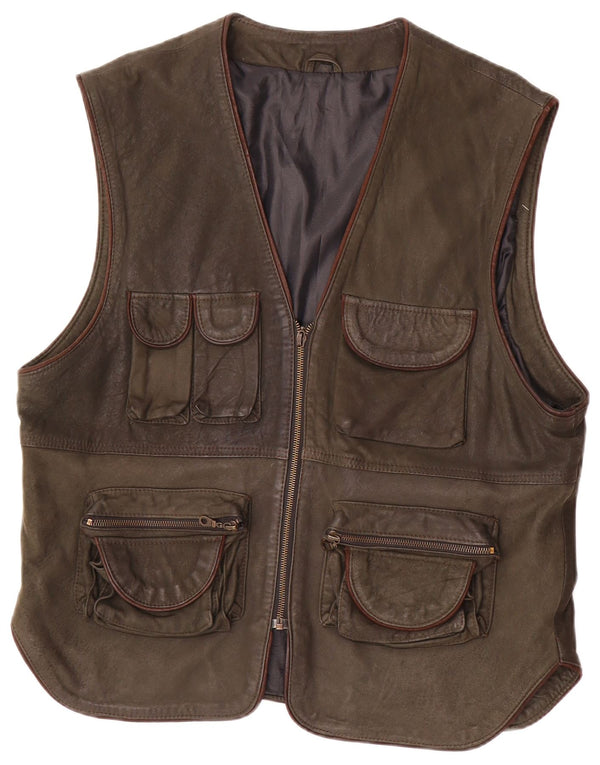 Colete utilitário de couro masculino vintage IT 54 2XL cáqui