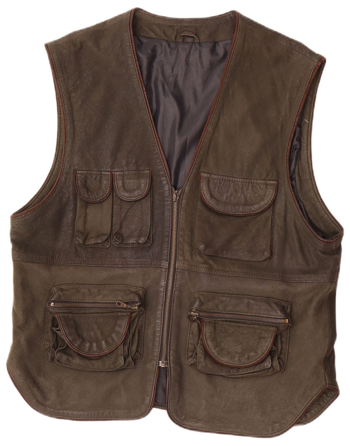 Colete utilitário de couro masculino vintage IT 54 2XL cáqui
