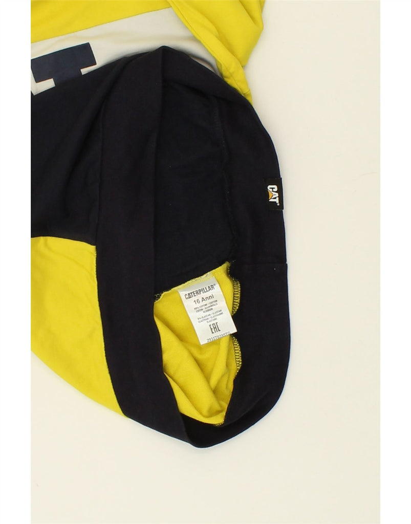 CATERPILLAR Boys Graphic Sweatshirt Jumper 15-16 Years Yellow Colourblock Vintage Caterpillar and Second-Hand Caterpillar from Messina Hembry 