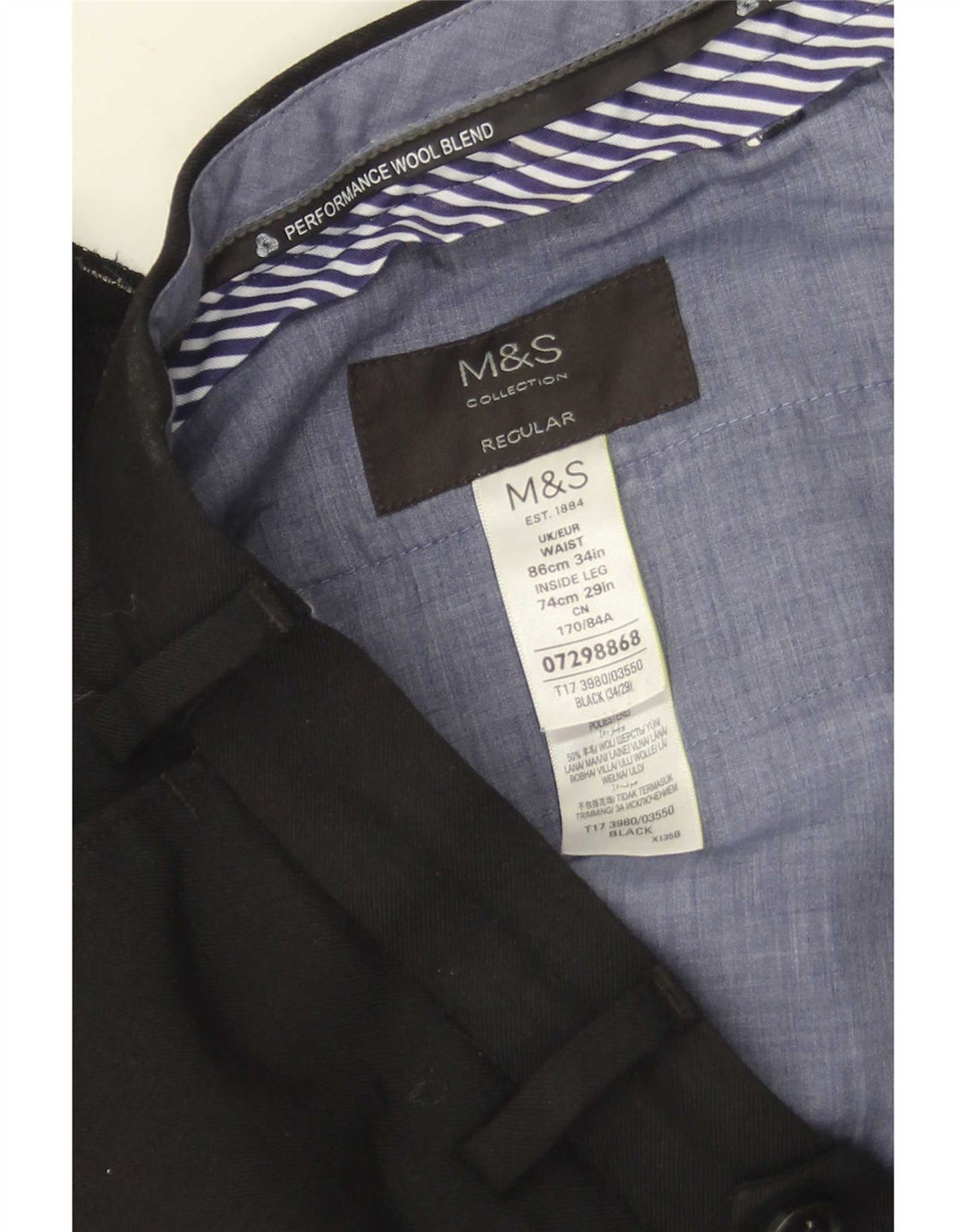 Calça masculina de terno reto Marks & Spencer W34 L29 lã preta