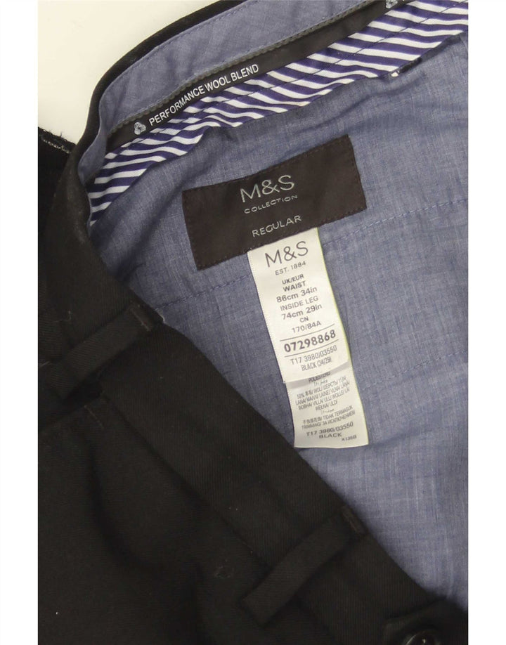 Calça masculina de terno reto Marks & Spencer W34 L29 lã preta