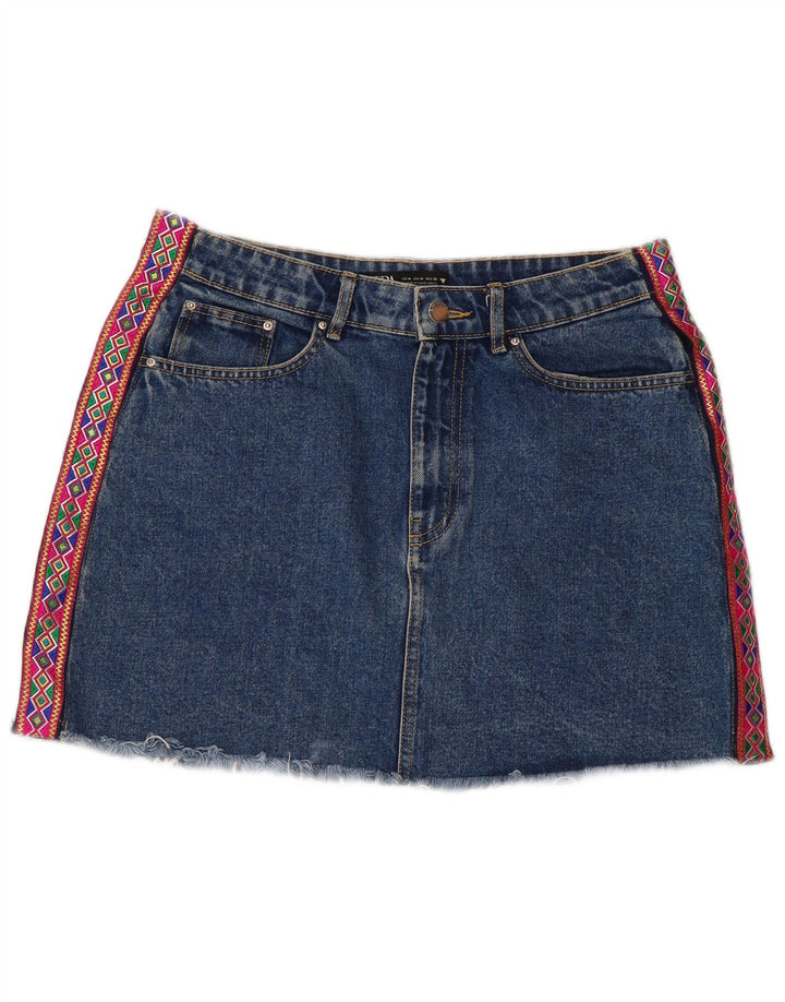 Mini saia jeans feminina Zara médio W28 azul geométrico
