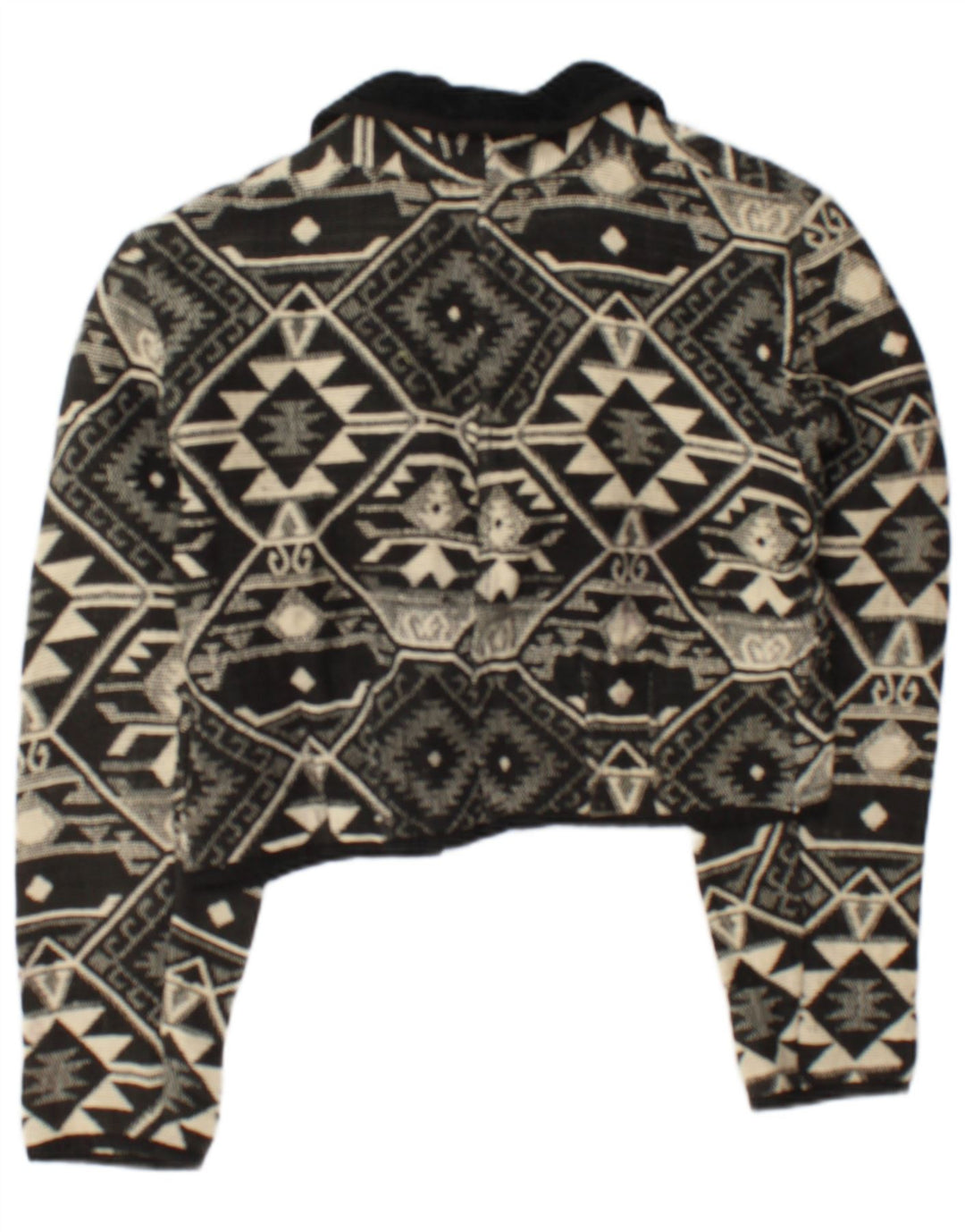 Jaqueta bomber feminina vintage aberta Reino Unido 14 algodão geométrico preto médio