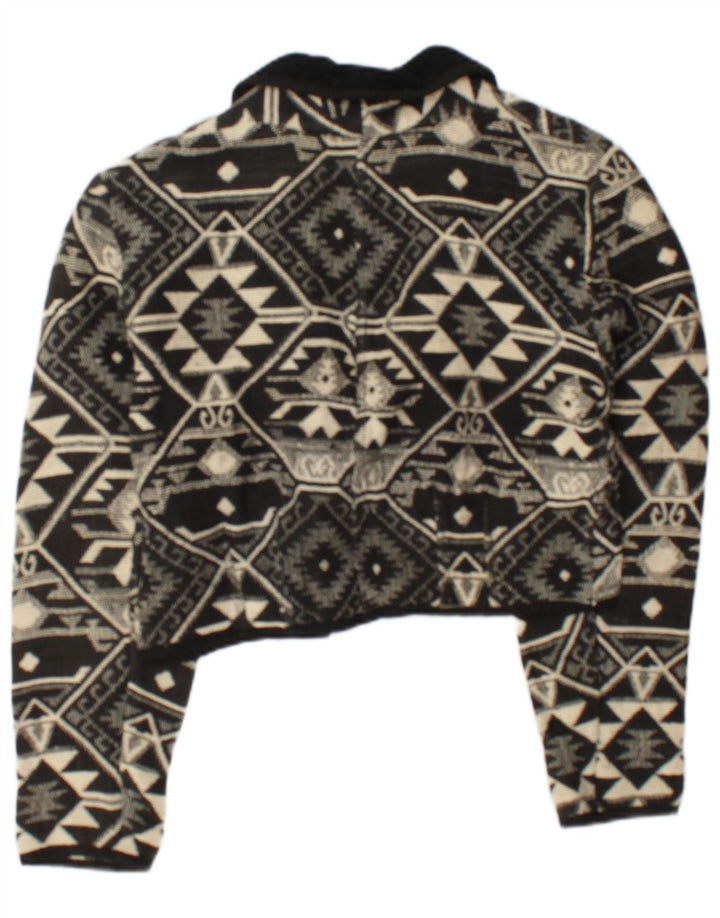 Jaqueta bomber feminina vintage aberta Reino Unido 14 algodão geométrico preto médio