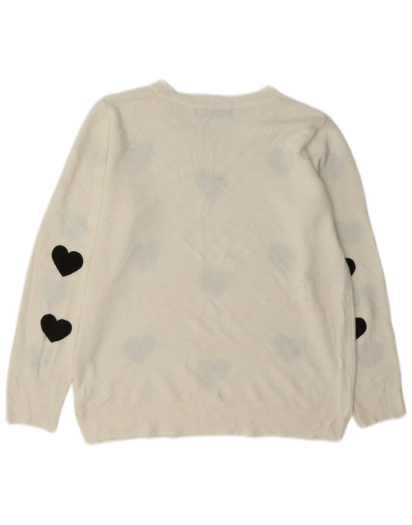 Suéter feminino Marks & Spencer com gola canoa e coração branco grande UK 14