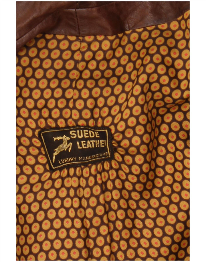 Casaco de couro vintage masculino com peito duplo Reino Unido 36 couro marrom pequeno