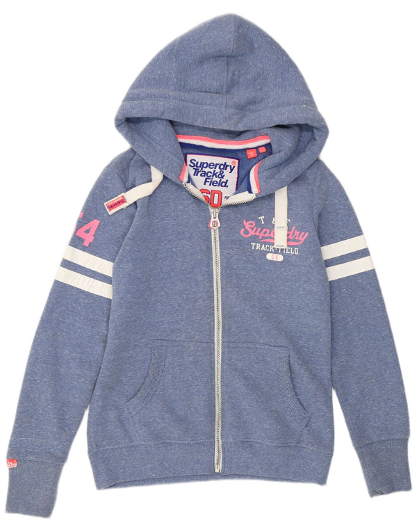 Suéter feminino Superdry com capuz e zíper gráfico UK 10 pequeno azul manchado
