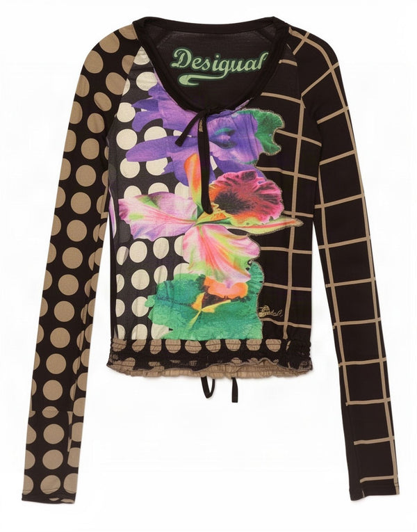 Top gráfico feminino Desigual manga comprida Reino Unido 10 pequeno algodão floral preto