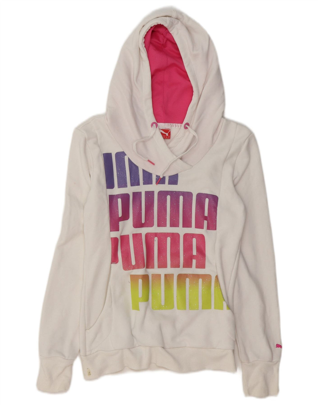 PUMA feminino gráfico moletom com capuz UK 8 pequeno algodão branco