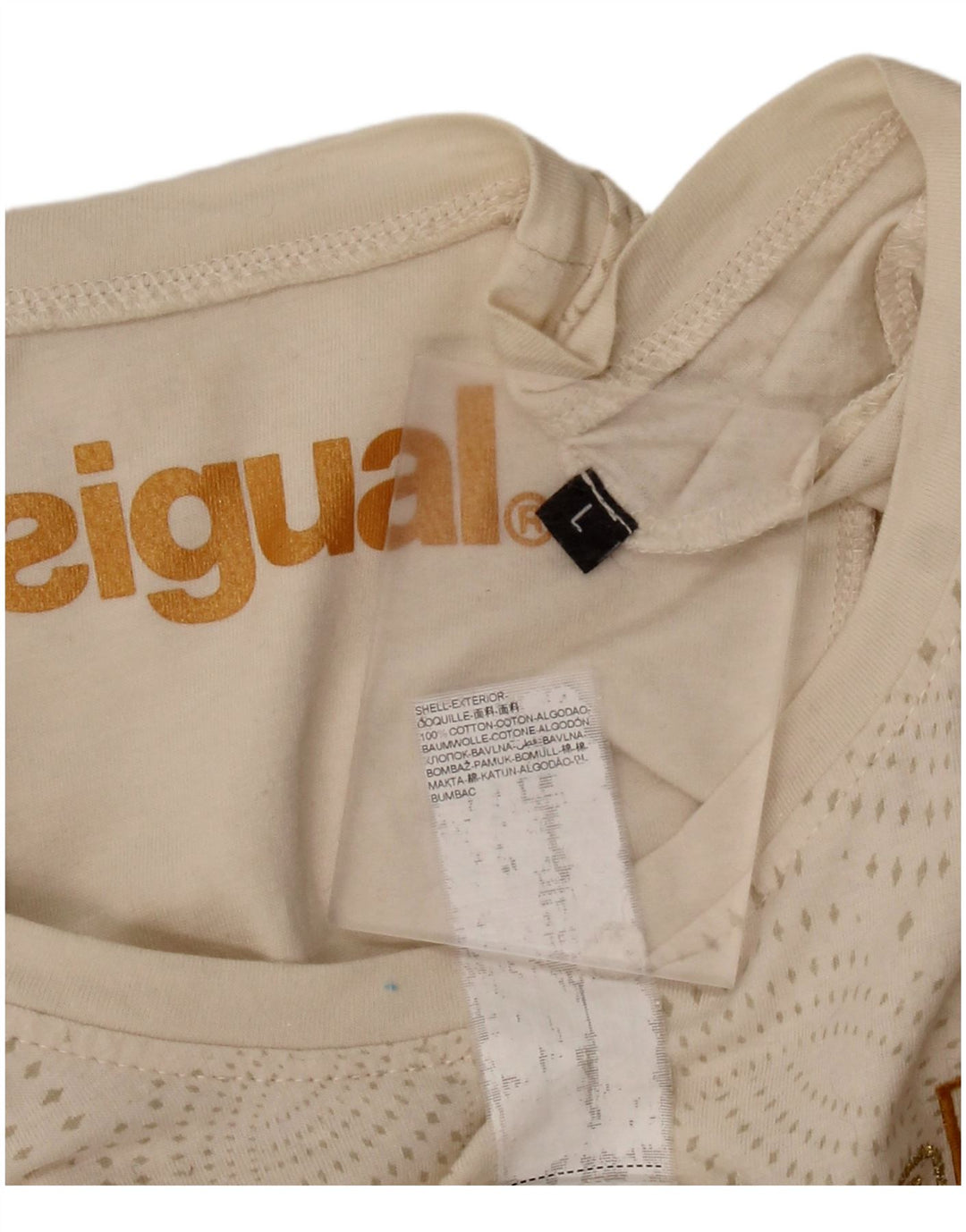 Camiseta feminina DESIGUAL com estampa gráfica UK 14 grande algodão bege manchado