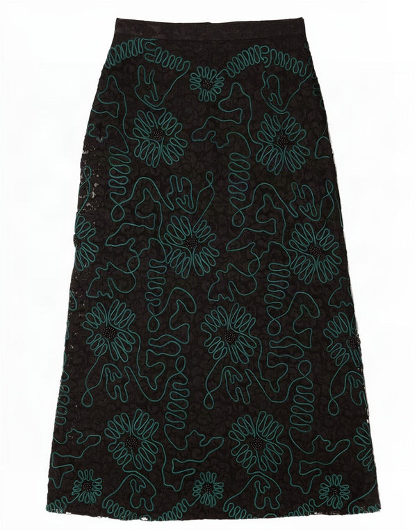 Saia maxi feminina vintage pequena W26 preta floral