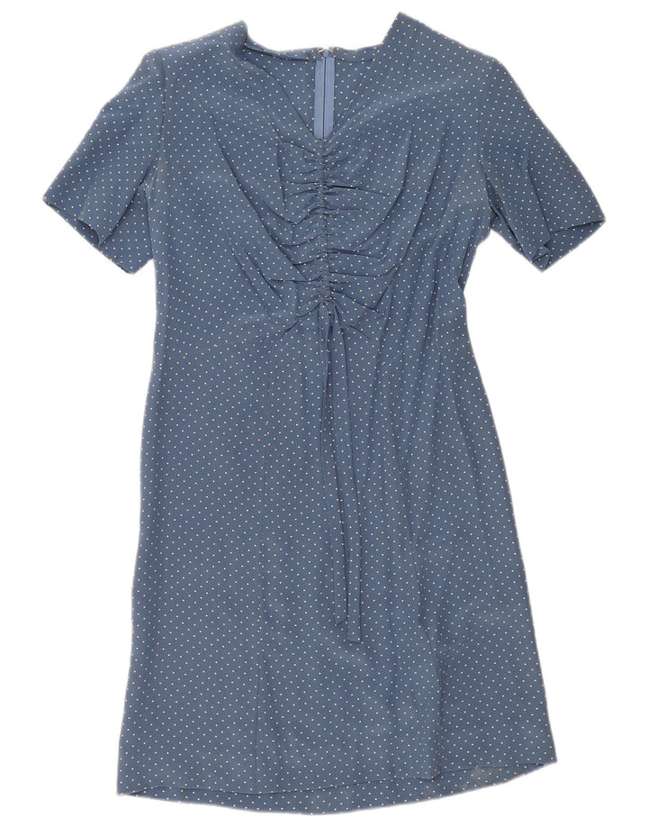 Vestido vintage feminino linha A UK 12 médio azul manchado