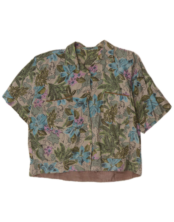 Camisa havaiana feminina vintage de manga curta Reino Unido 16 grande floral verde