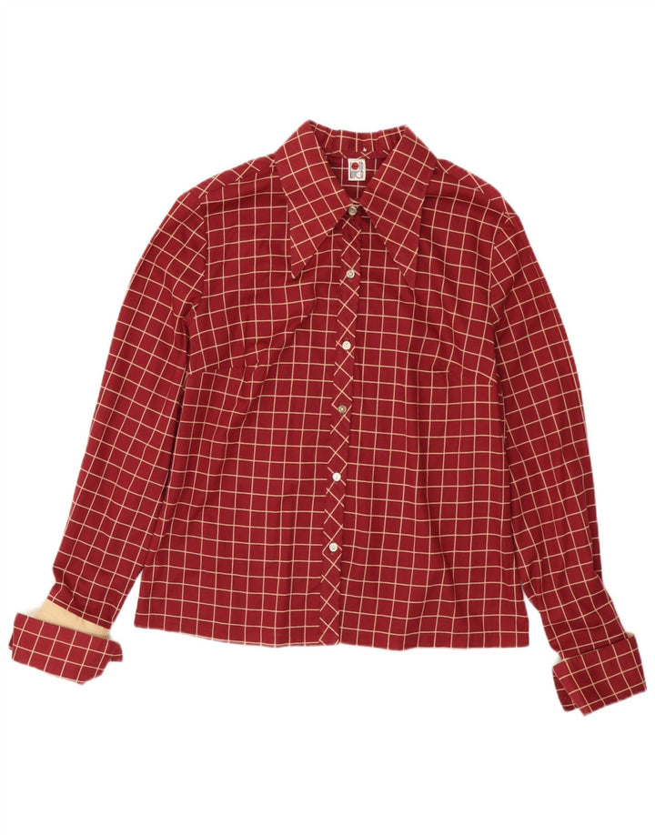 Camisa formal feminina vintage Reino Unido 14 xadrez médio Borgonha