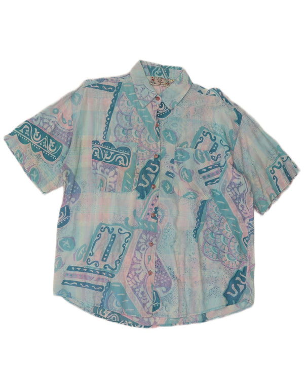 Camisa feminina vintage de manga curta UK 14 grande patchwork turquesa retrô