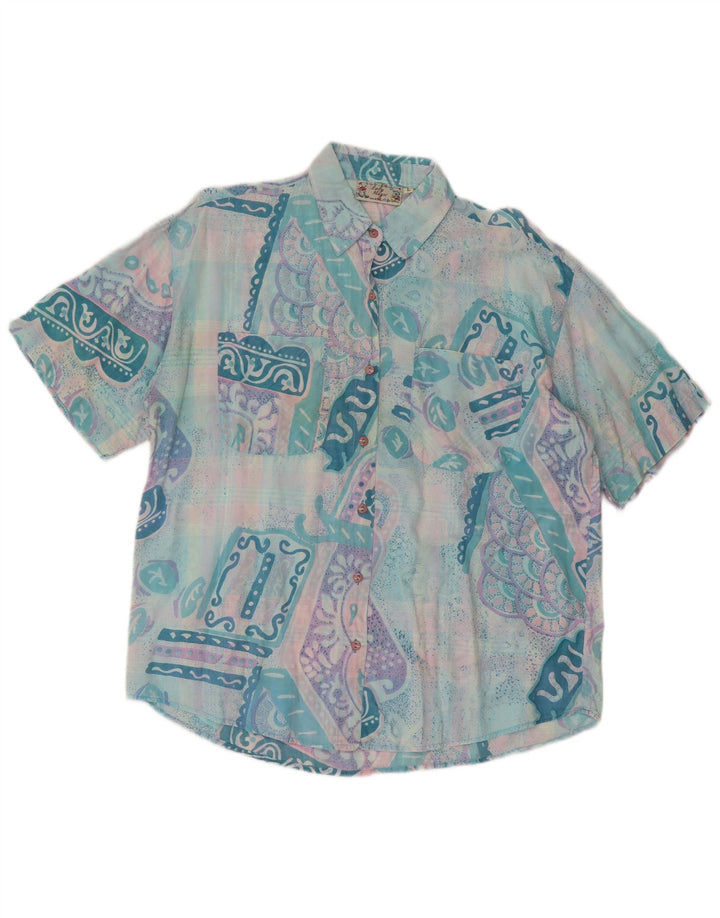 Camisa feminina vintage de manga curta UK 14 grande patchwork turquesa retrô