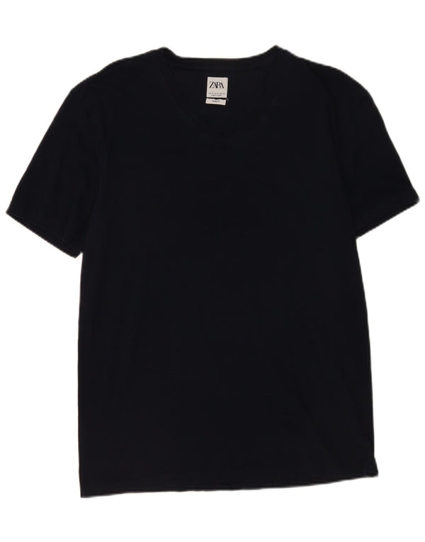 Zara Mens Slim Fit T-Shirt Top XL Azul Marinho Algodão
