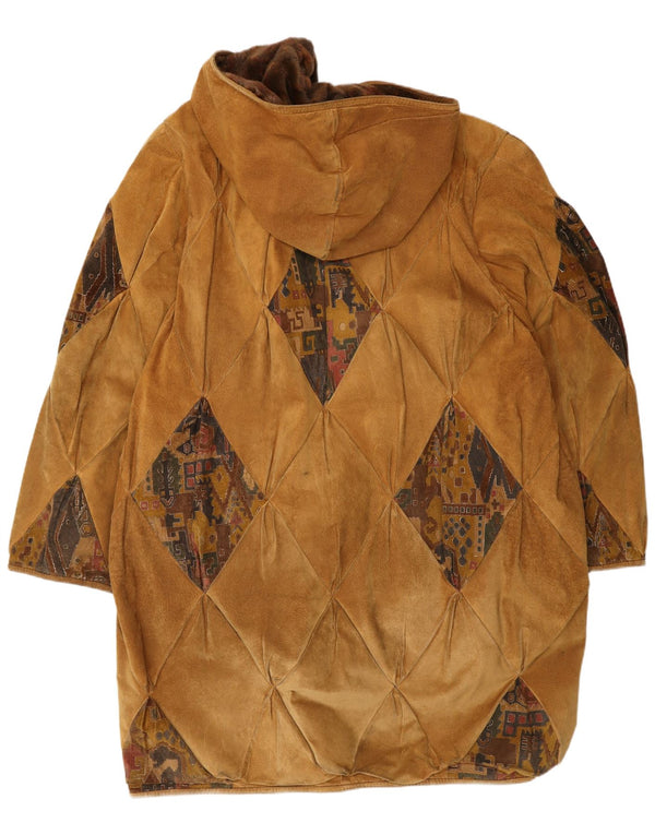 Casaco corta-vento feminino vintage de camurça com capuz UK 20 2XL marrom geométrico