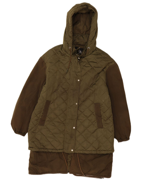 Sobretudo acolchoado com capuz grande Zara feminino UK 10 pequeno poliéster cáqui