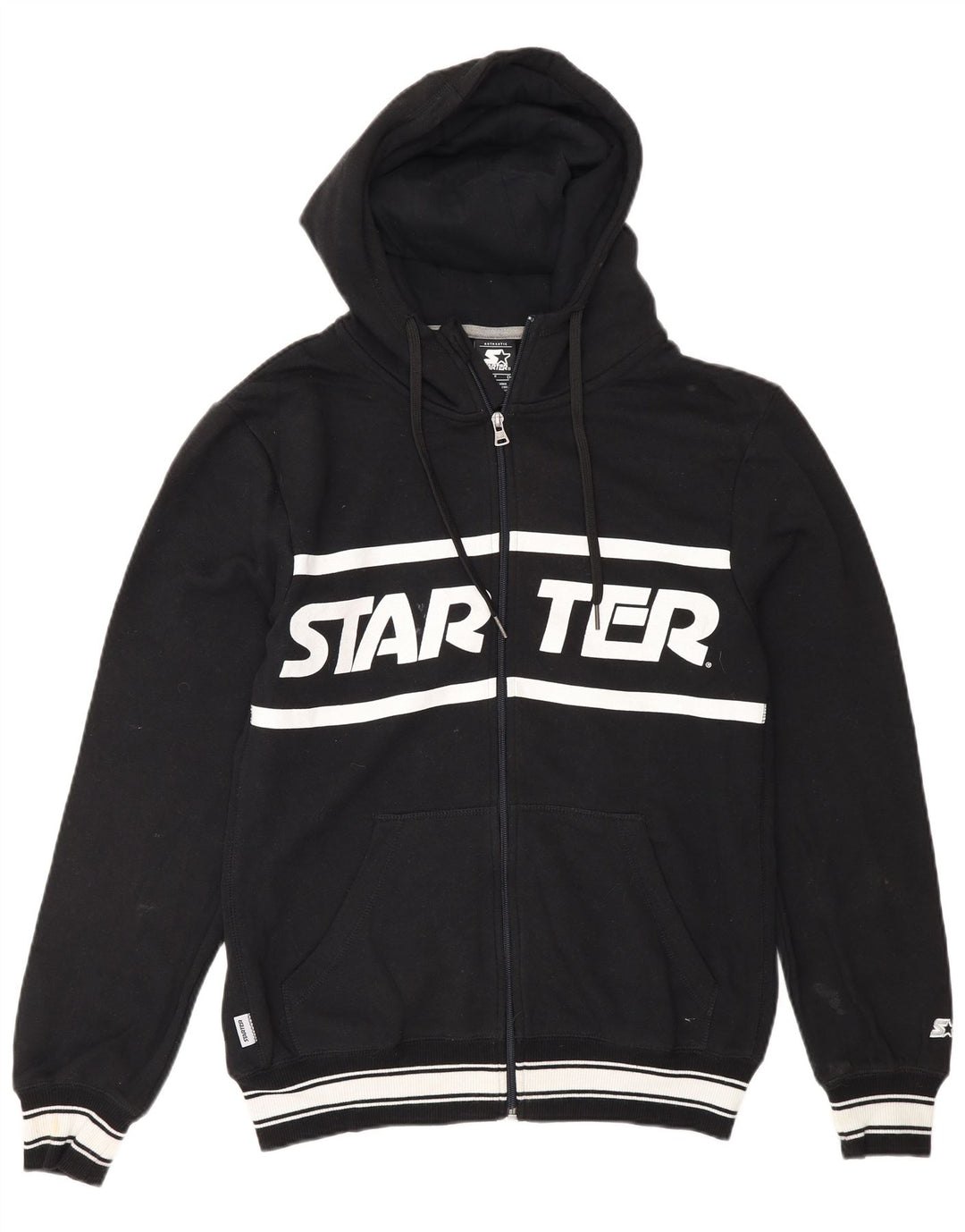 Suéter masculino com capuz e zíper gráfico Starter pequeno algodão preto