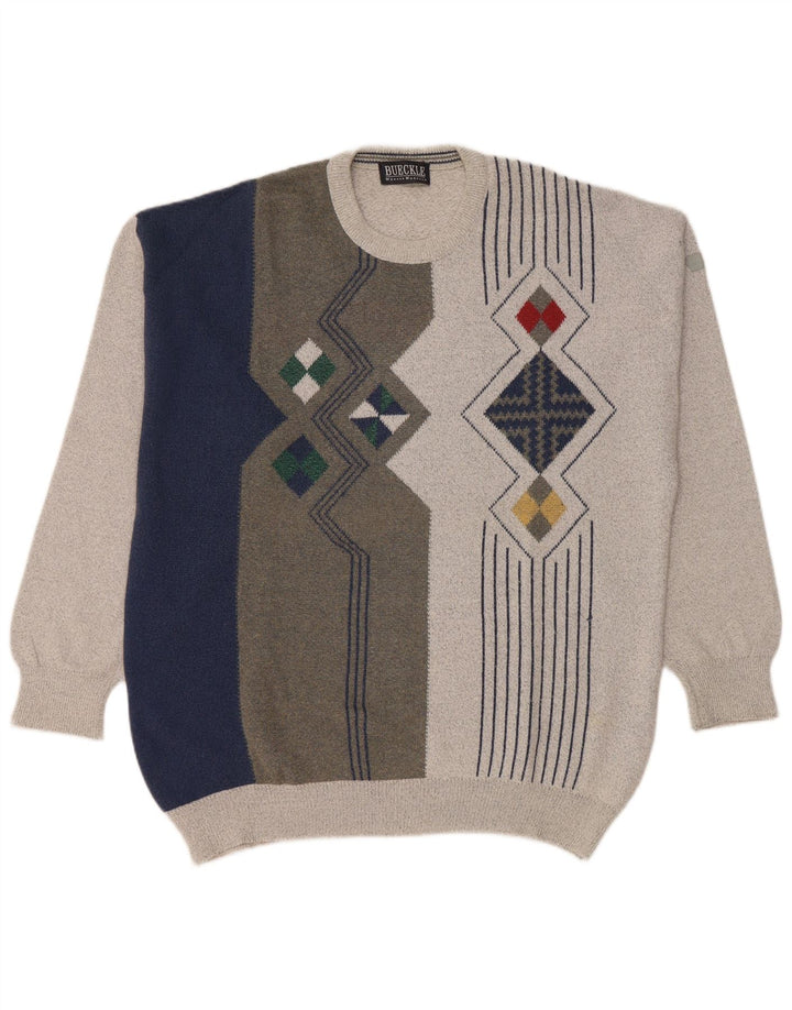 Suéter vintage masculino com gola redonda grande bloco colorido cinza