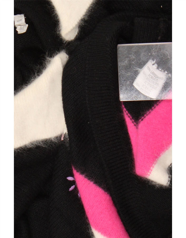 Suéter feminino vintage com gola polo UK 14 bloco colorido preto médio