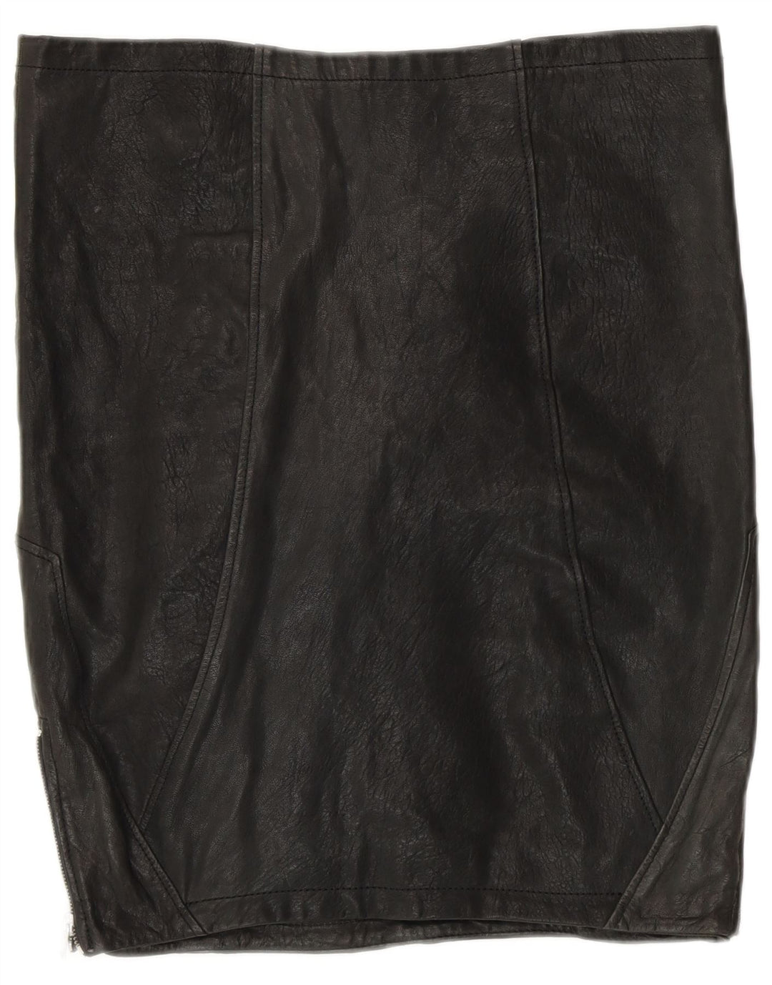 Saia feminina de couro VINTAGE Reino Unido 12 médio W30 couro preto patchwork