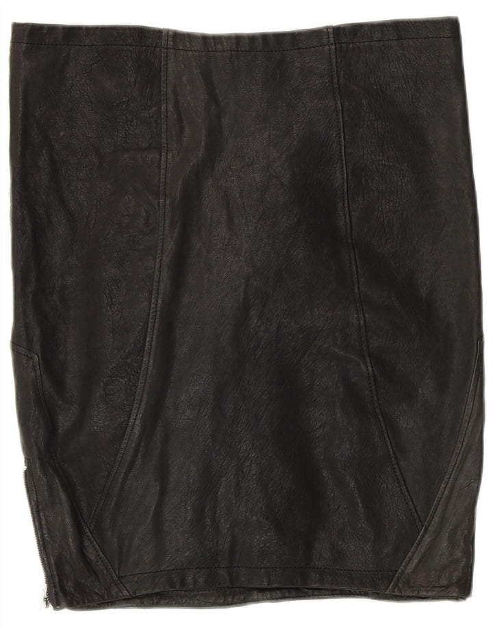 Saia feminina de couro VINTAGE Reino Unido 12 médio W30 couro preto patchwork