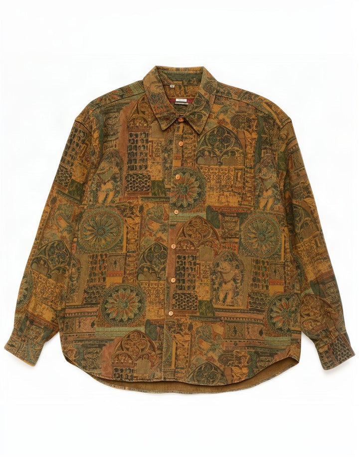 Camisa masculina vintage com padrão abstrato XL cáqui