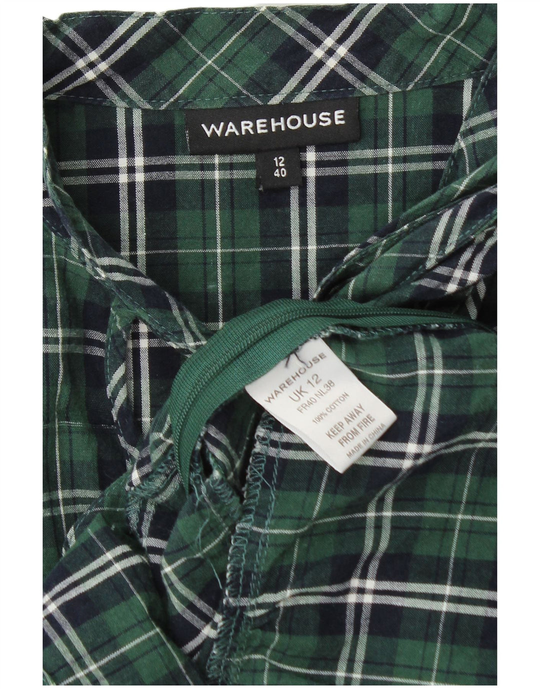 WAREHOUSE Blusa feminina de manga comprida UK 12 xadrez verde médio