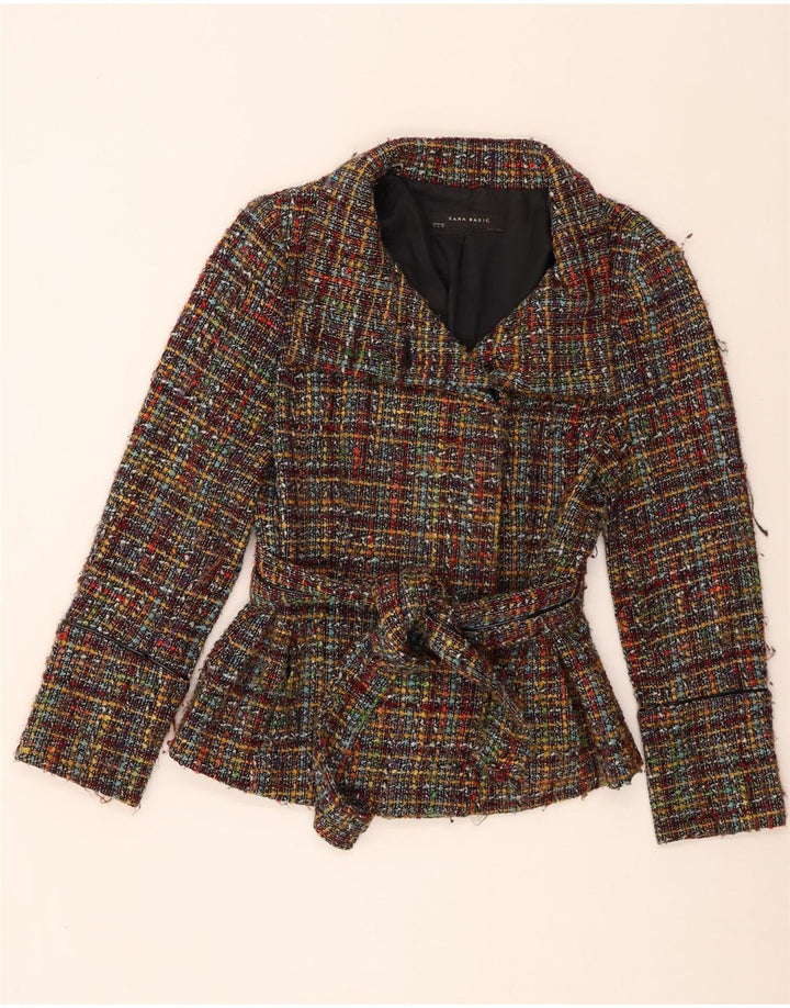 Jaqueta blazer feminina Zara Front Tie UK 14 grande acrílico xadrez multicolorido