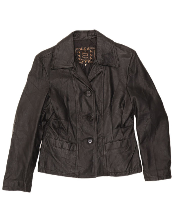 Jaqueta blazer feminina vintage de couro com 3 botões Reino Unido 14 grande preta