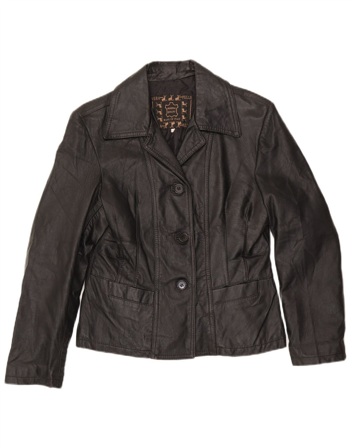 Jaqueta blazer feminina vintage de couro com 3 botões Reino Unido 14 grande preta