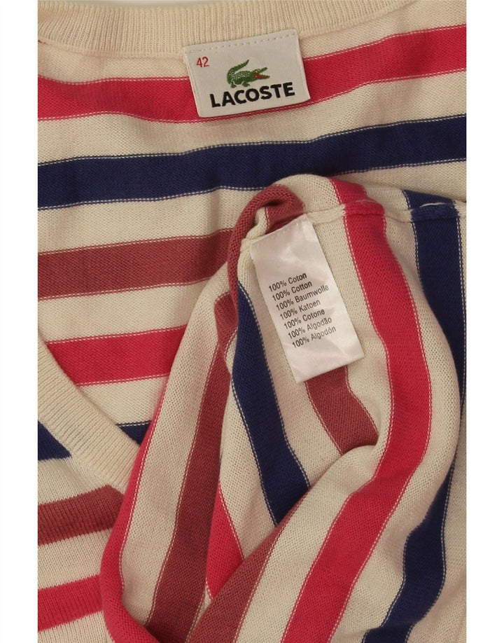 Suéter feminino Lacoste com decote em V tamanho 42 grande listrado multicolorido