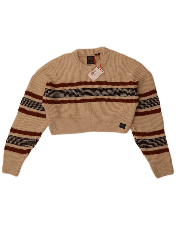 Superdry Womens Crop Crew Neck Jumper Sweater UK 14 Large Beige Striped